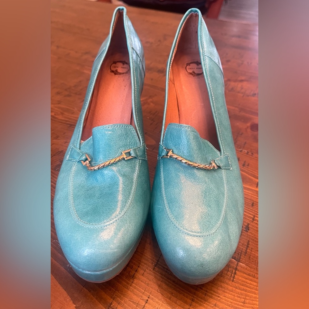 LUCKY PENNY Turquoise Leather Platform Block Heel Loafers - Women. Size 11 - Picture 2 of 4